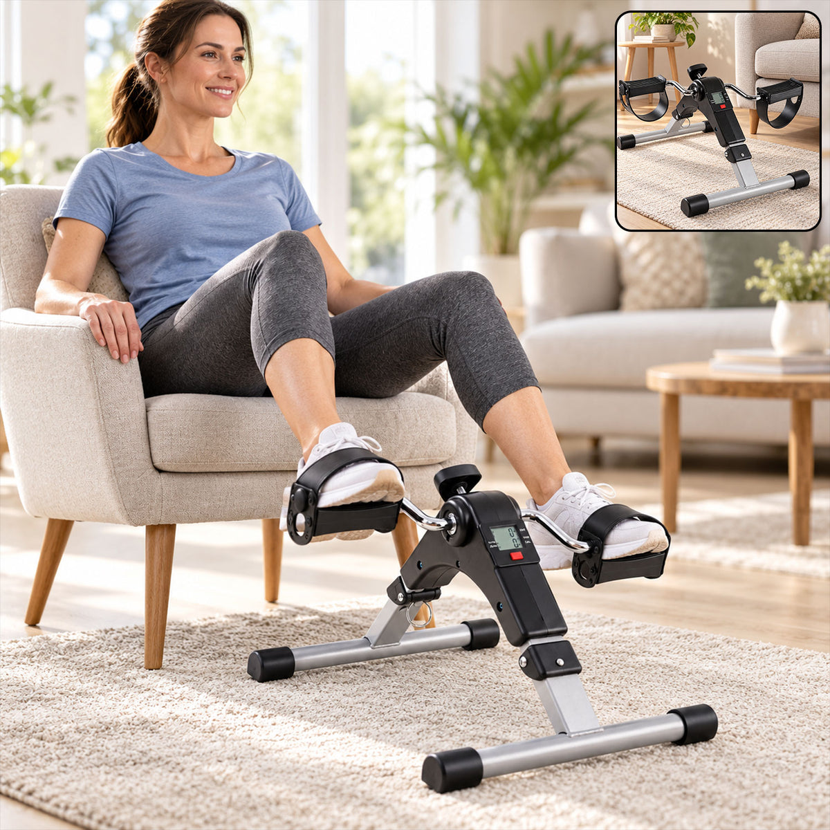 Foldable Mini Cycle Pedal Exerciser with Resistance Knob and Display (1 Set)