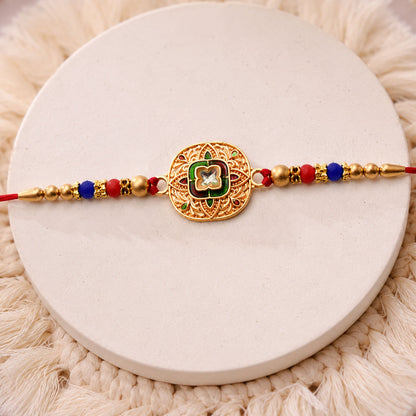 Kundan Rakhi with traditional antique gold finish and vibrant multicolor beads for Raksha Bandhan