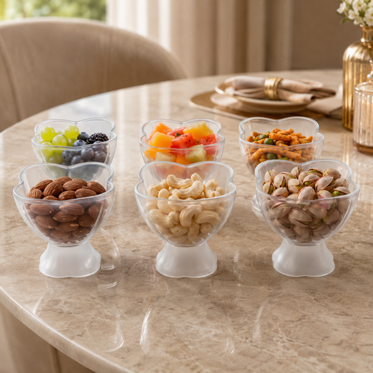 Six clear plastic dessert bowls filled with various snacks and fruits on a marble table.