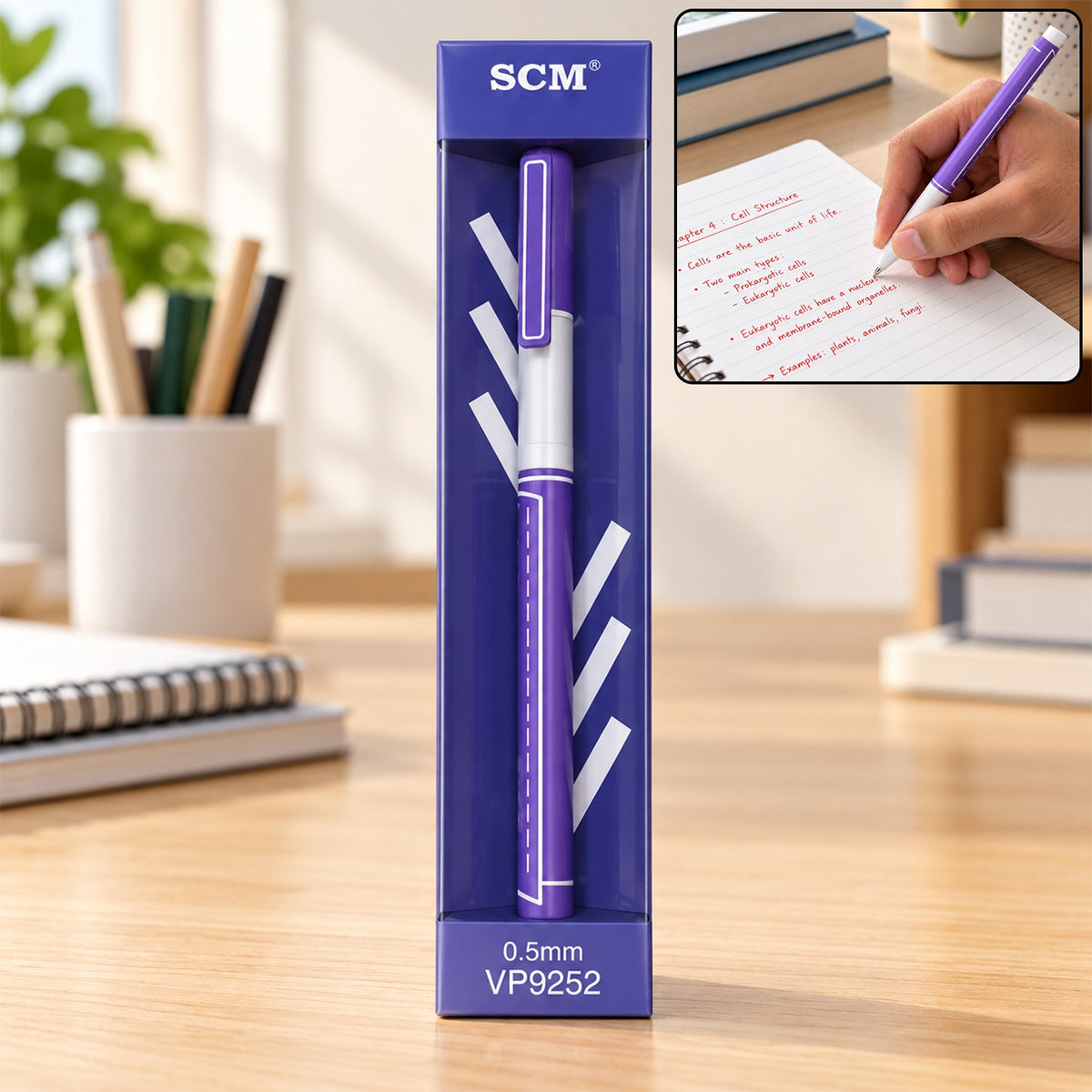 A purple gel pen in clear packaging, with an inset showing a hand writing with the pen on a notebook.