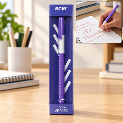 A purple gel pen in clear packaging, with an inset showing a hand writing with the pen on a notebook.
