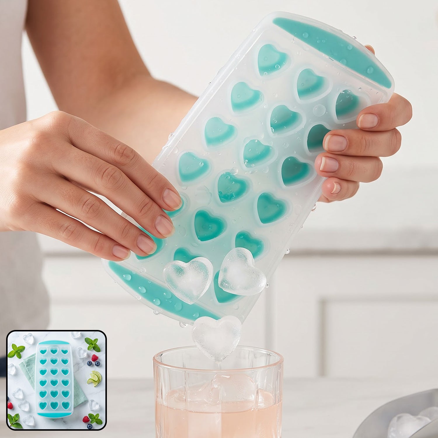 Heart shape ice tray releasing ice cubes