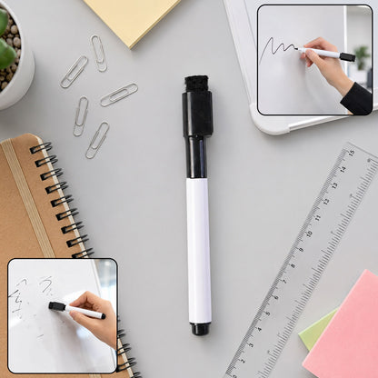 Close-up of 2-in-1 whiteboard marker with eraser cap showing black ink