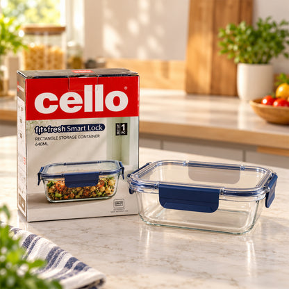 Cello 640ml Rectangular Glass Food Storage Container with Smart Lock Lid (1 Pc)