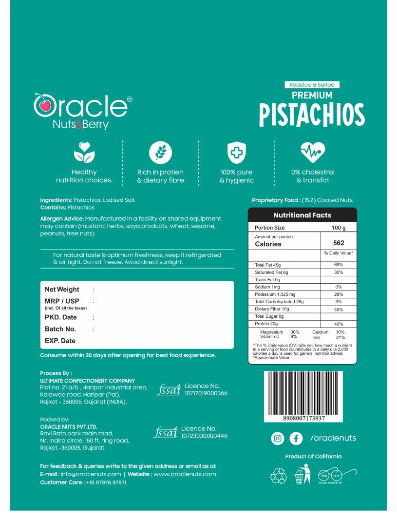 Oracle Premium Roasted & Salted Pistachios Healthy Dry Fruits Snack (250gm)