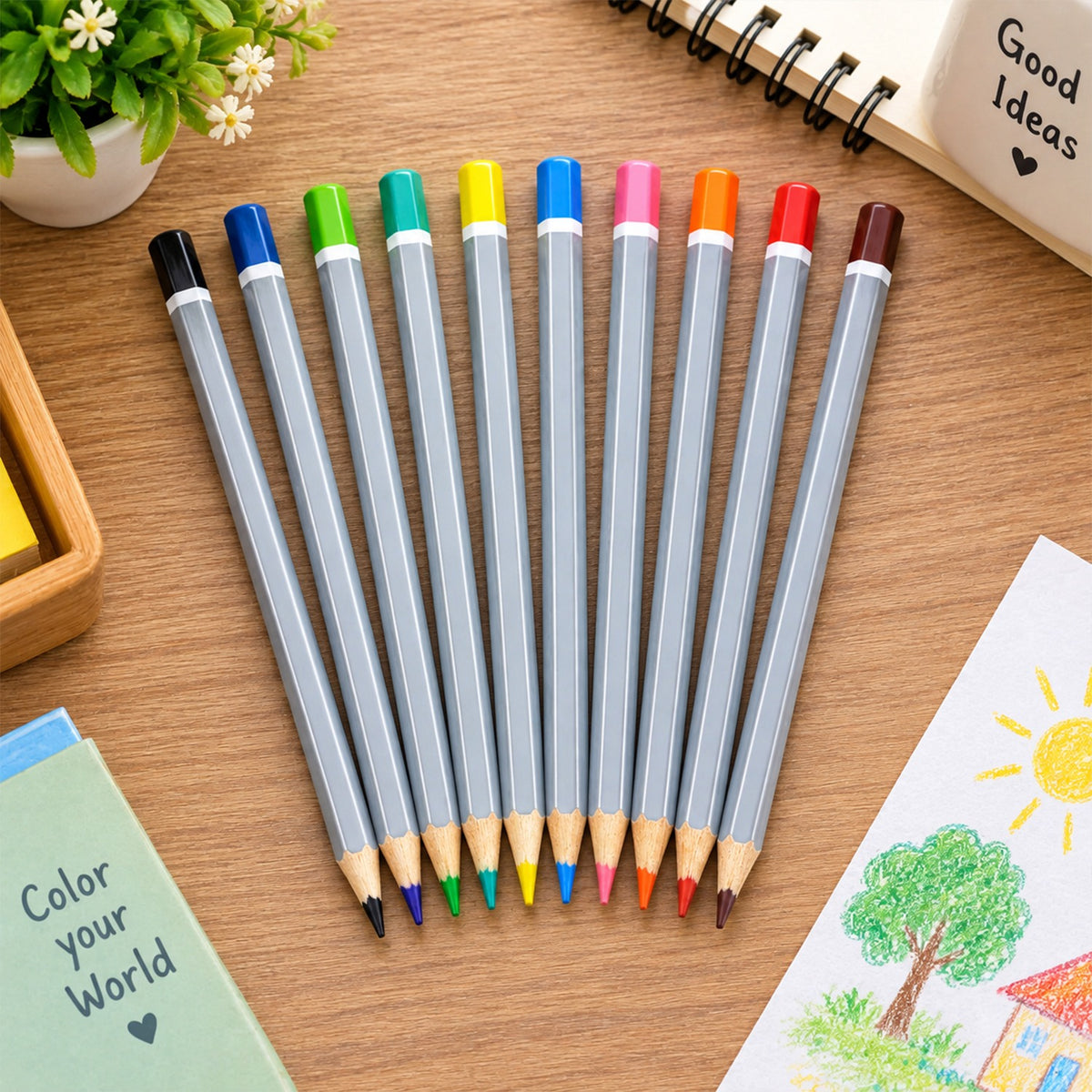 Wooden Colour Pencil Set with Sharpened Tips for School Art (10 Pc)