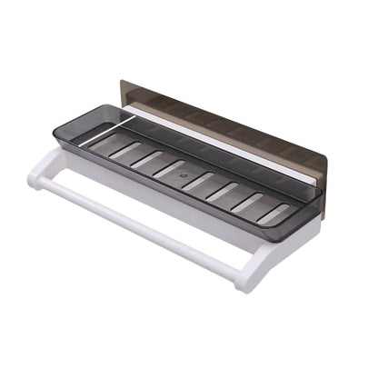 Wall shelf with towel rack holding toiletries and towels neat and organized