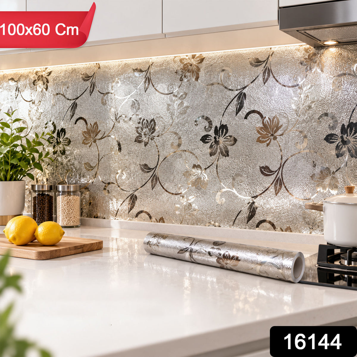 Kitchen scene with silver floral wallpaper as a backsplash, showing a roll of the same wallpaper on the counter.
