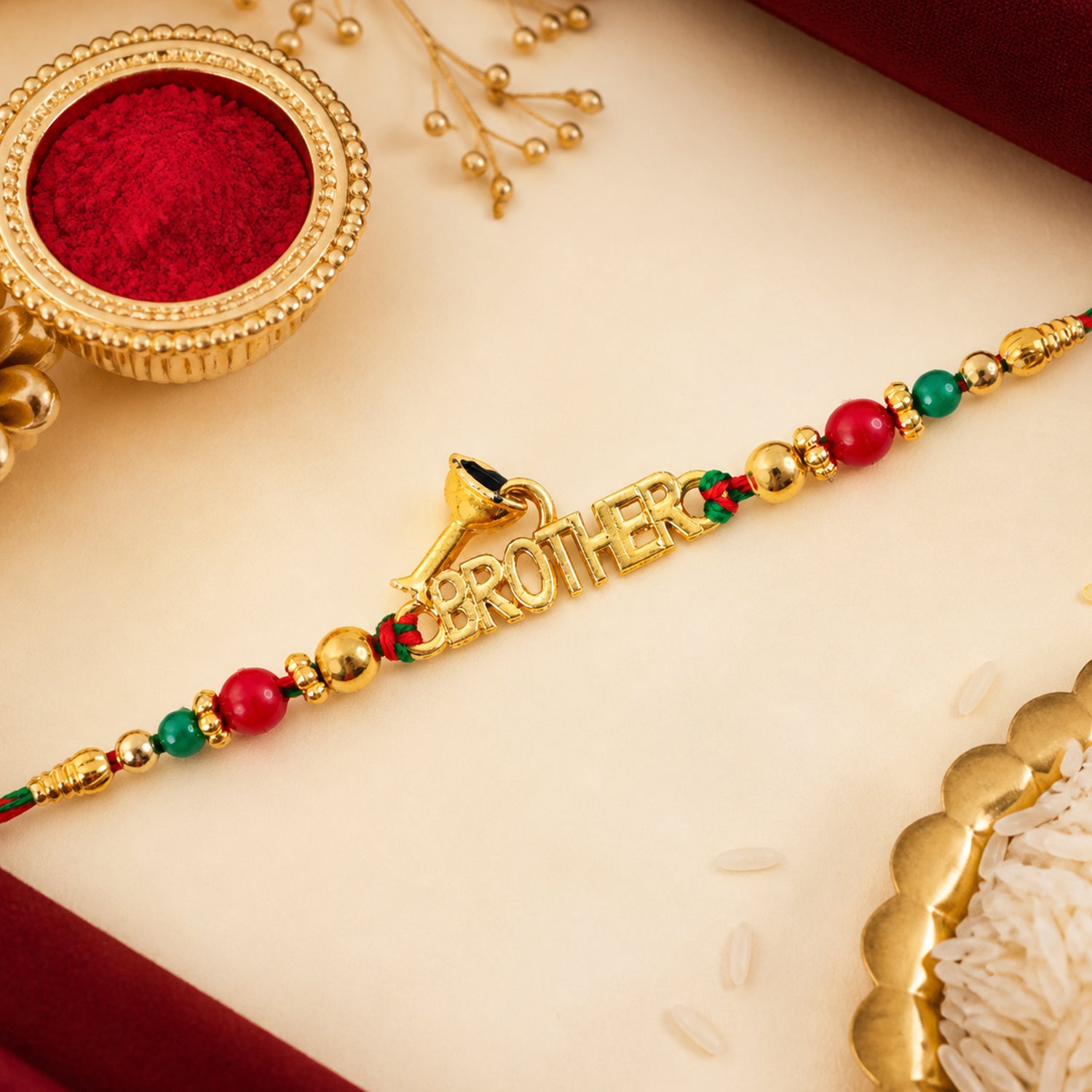 Designer Rakhi with BROTHER Text Plaque and ornate frame in wrist look for Gift Use