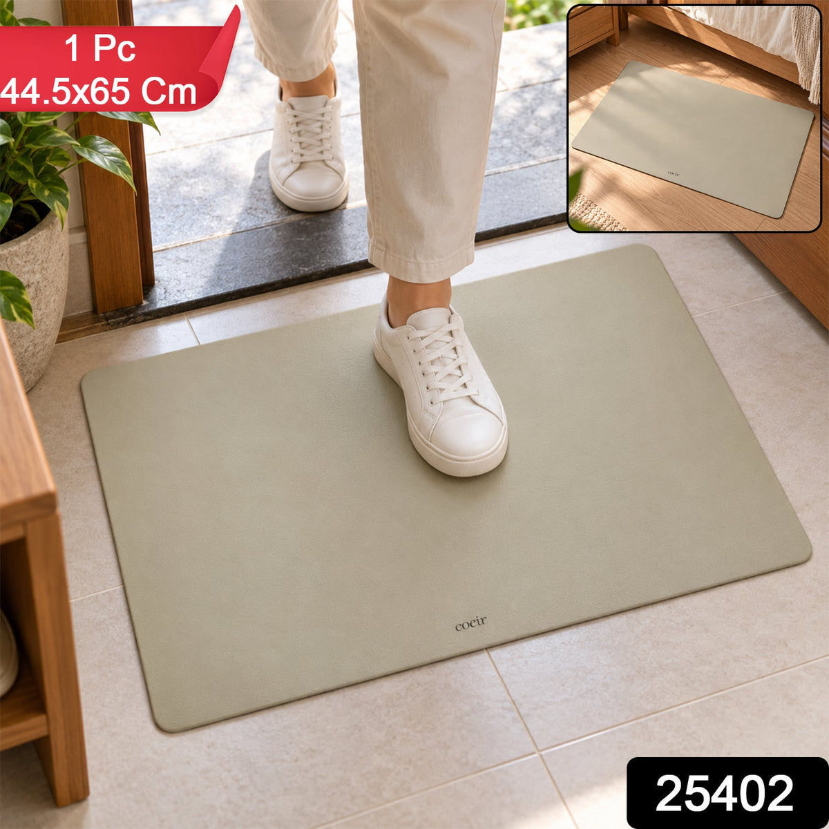 A person steps on a light beige mat by a doorway, with an inset showing the mat in a bedroom.