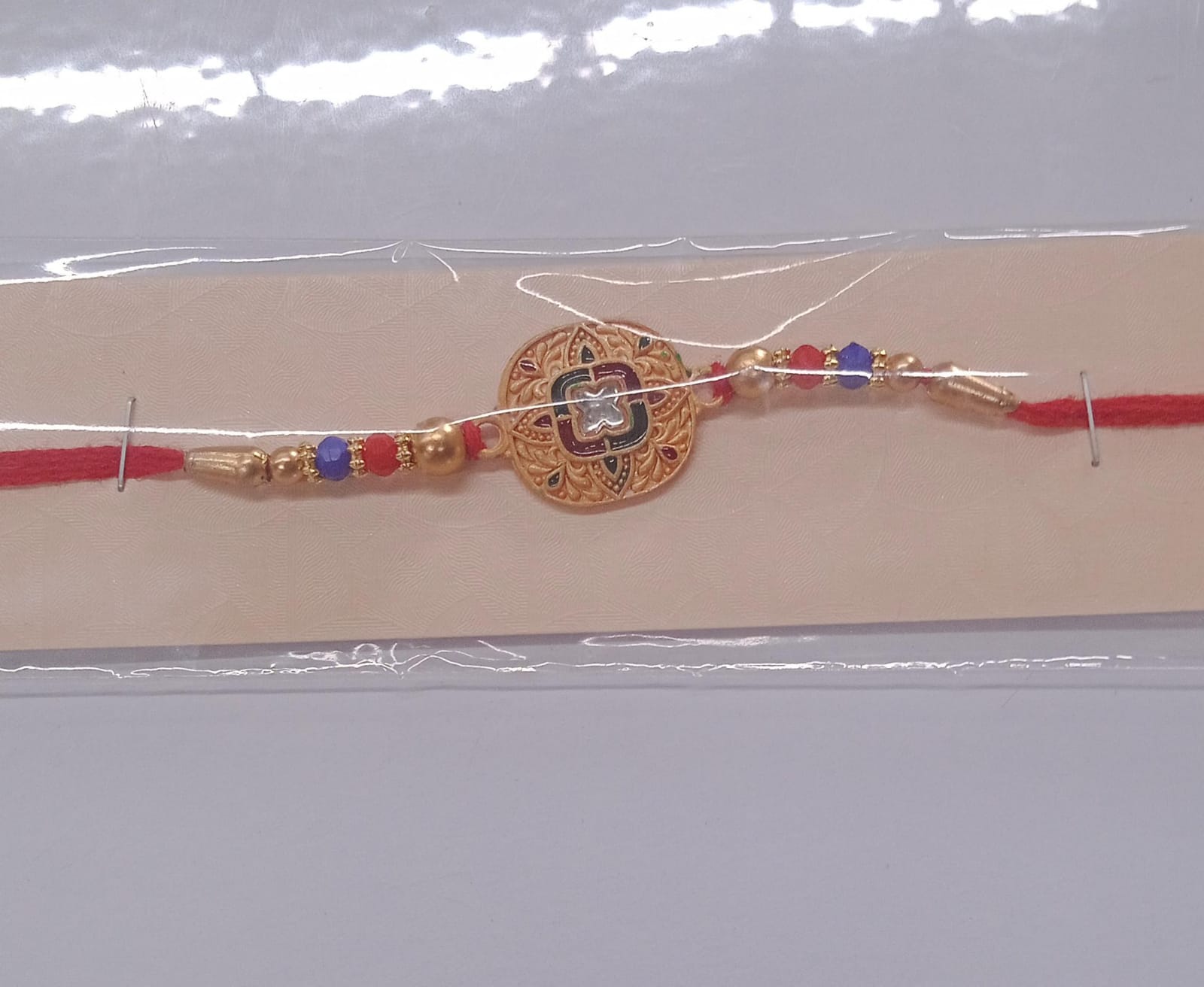 Kundan Rakhi Traditional Antique Gold Finish with Multicolor Beads (5pcs)