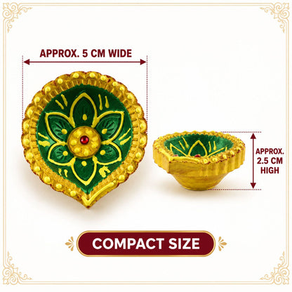 Decorative Painted Clay Diyas with Lotus Motifs and Gold-Tone Rims (12 Pc)