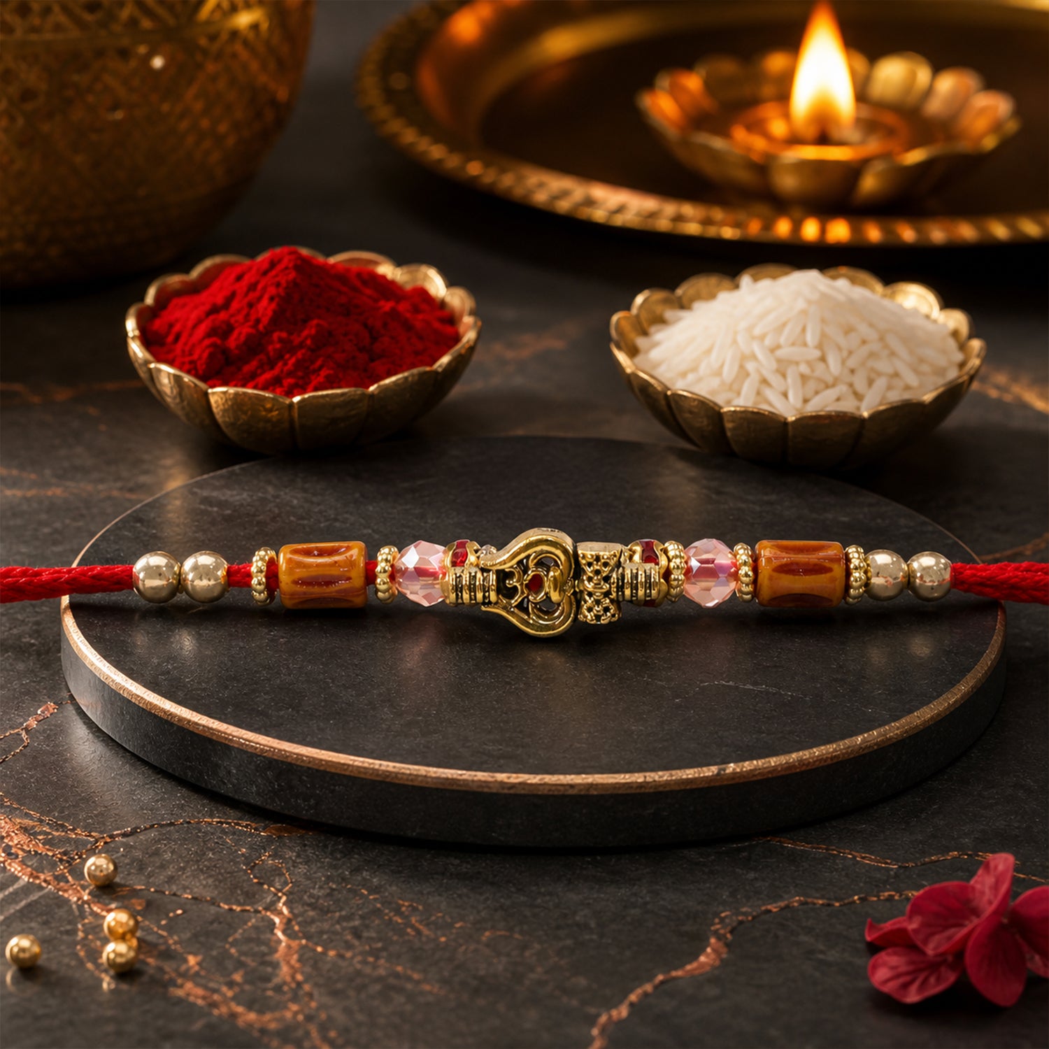 Red Thread Rakhi with Amber Beads and Antique Gold Lantern Charm