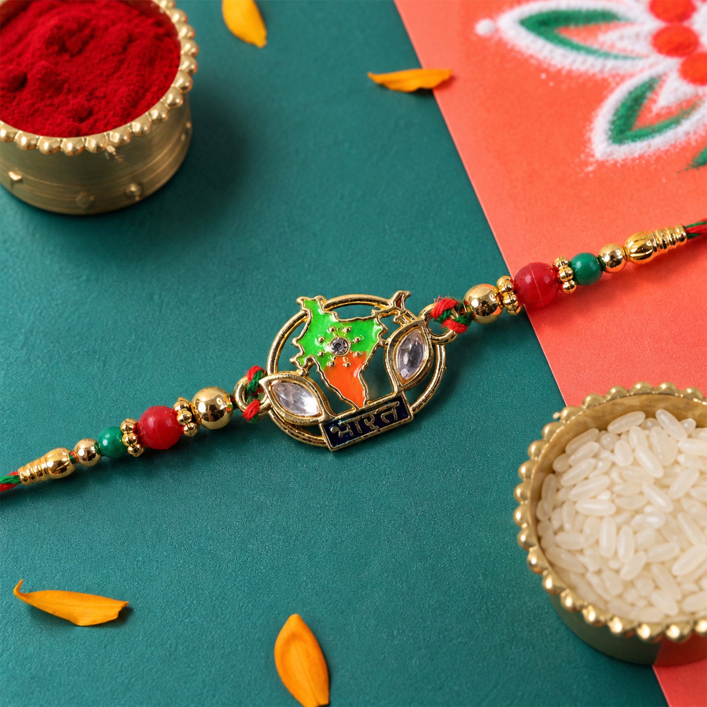 Bharat Map Pendant Rakhi with Kundan Stones and Red Beads