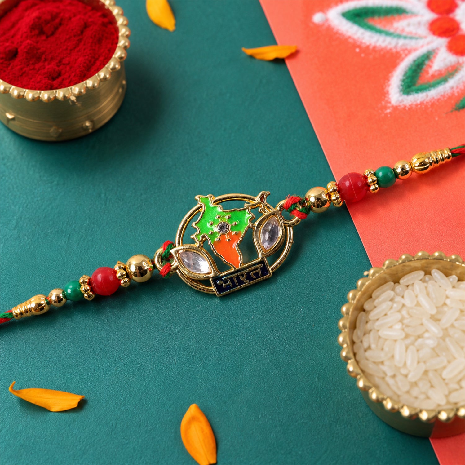 Bharat Map Pendant Rakhi with Kundan Stones and Red Beads