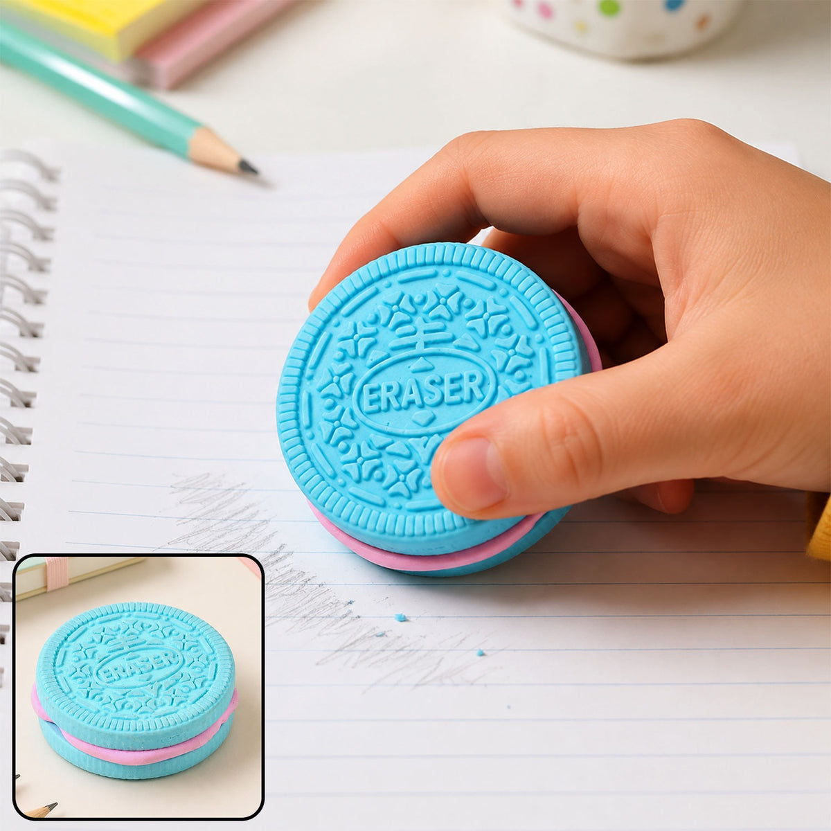 A hand holds a blue and pink cookie-shaped eraser on a lined notebook page, erasing a pencil mark.