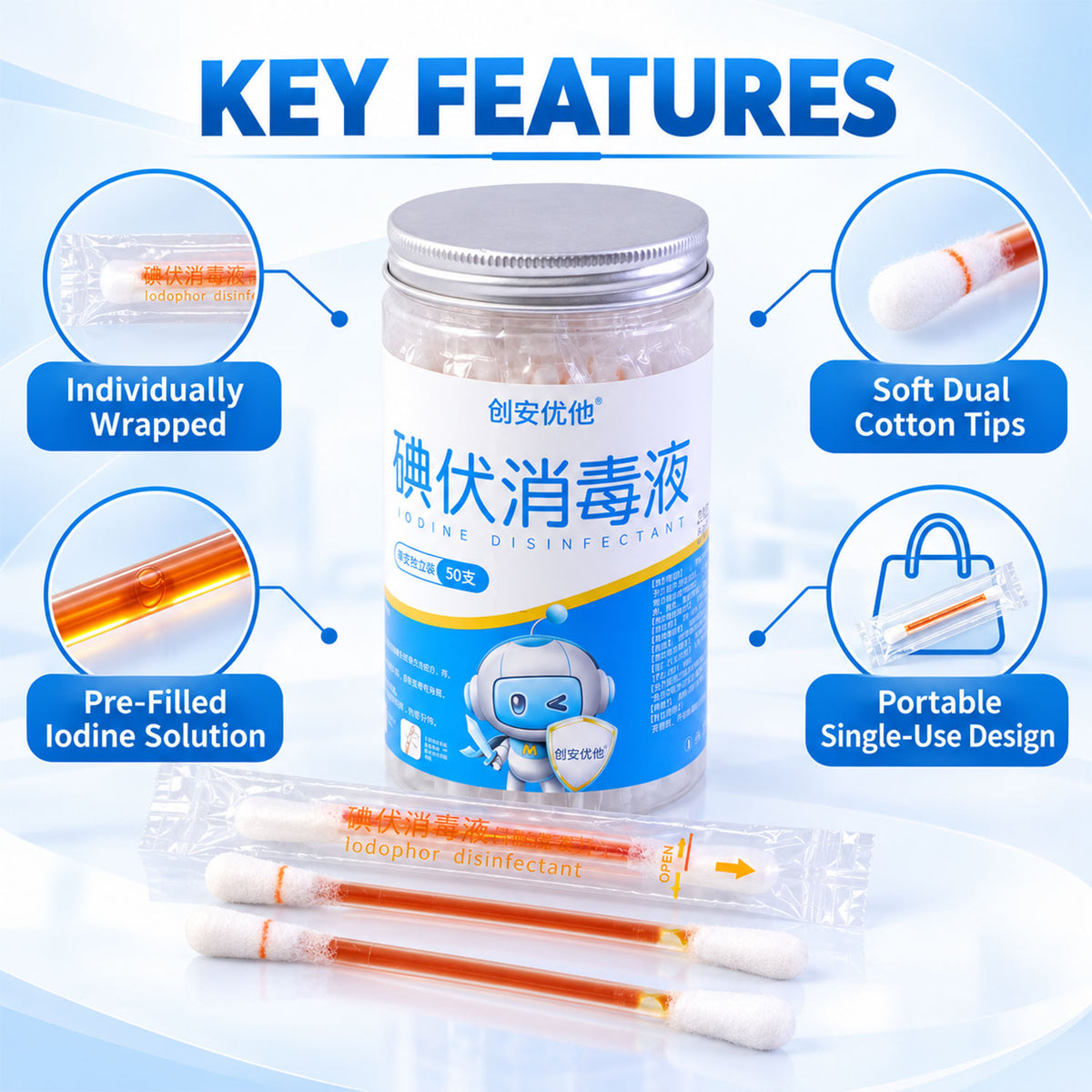Individually Wrapped Iodine Swab Sticks with Dual Cotton Tips (50 Pc)