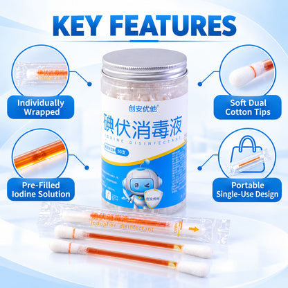 Individually Wrapped Iodine Swab Sticks with Dual Cotton Tips (50 Pc)