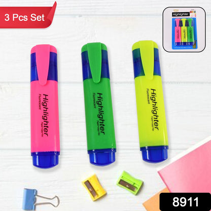 Highlighter Pen, Assorted Colours Water Based Broad Tip Writing Marker (3 Pcs Set)