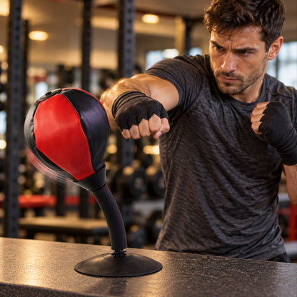 A man with black hand wraps punches a red and black desktop punching ball in a gym setting.