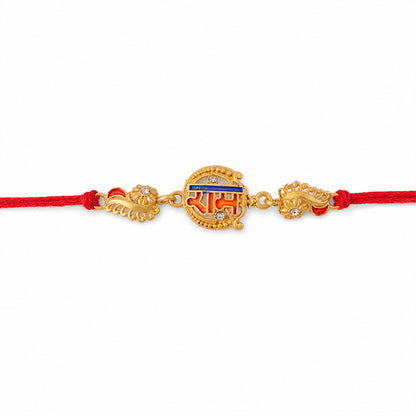 Gold-Toned Ram Rakhi with Orange-Blue Enamel, Crystal Accents & Red Thread