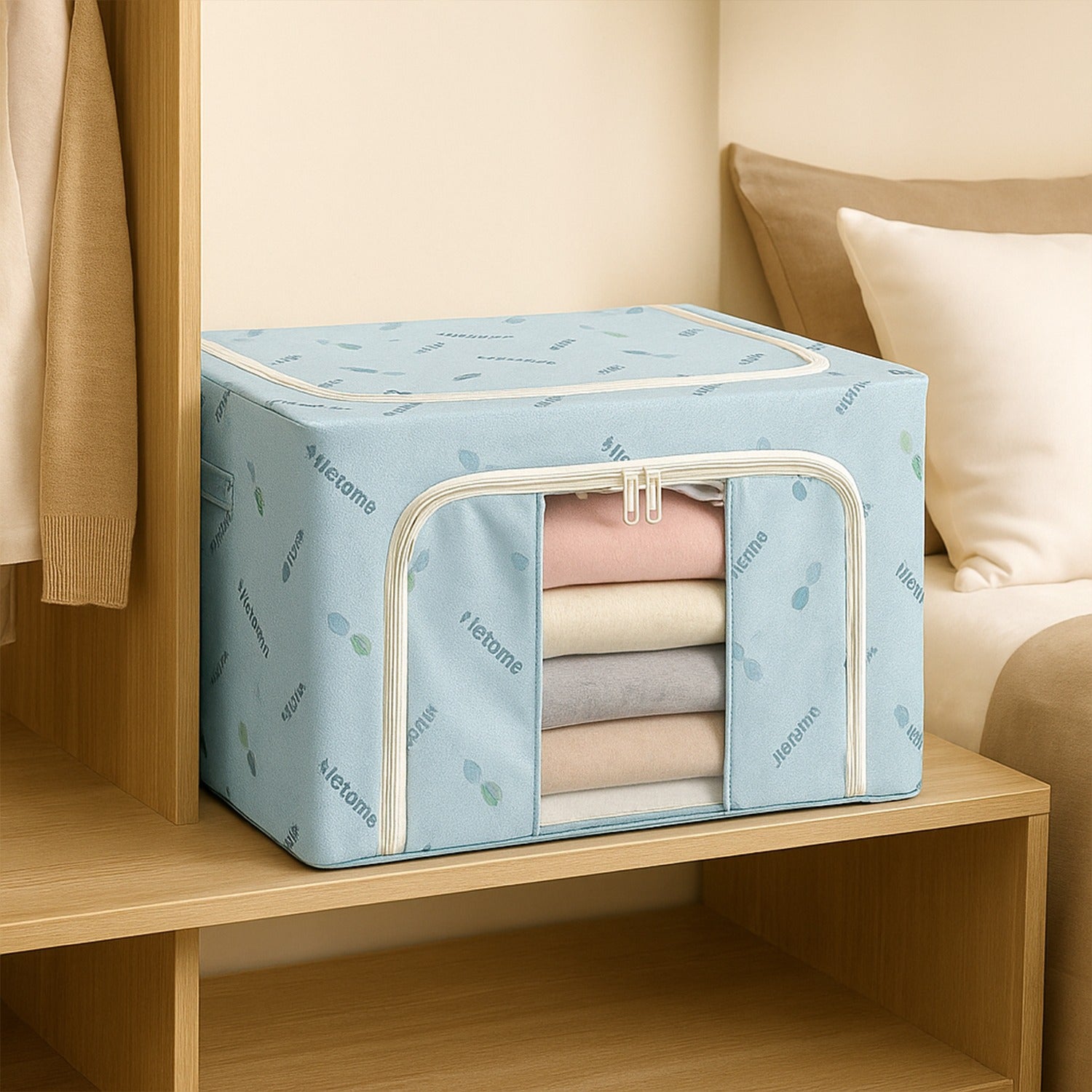 Foldable Steel Frame Clothes Living Storage Organizer Handled Bag 60cm X 43cm X 32cm (Mix Color)