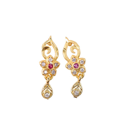 Traditional Floral Gold Earrings With Ruby Center Stone And Leaf Shaped Drop Detail