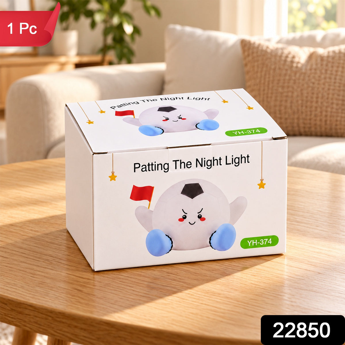 A white box featuring a cartoon football character and text on a wooden table, with a red '1 Pc' label and '22850' in the