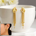 Gold Curved Foliage Dangle Earrings with Multi-Strand Chain Tassels...