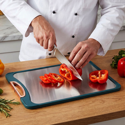 Kitchen cutting board during food preparation