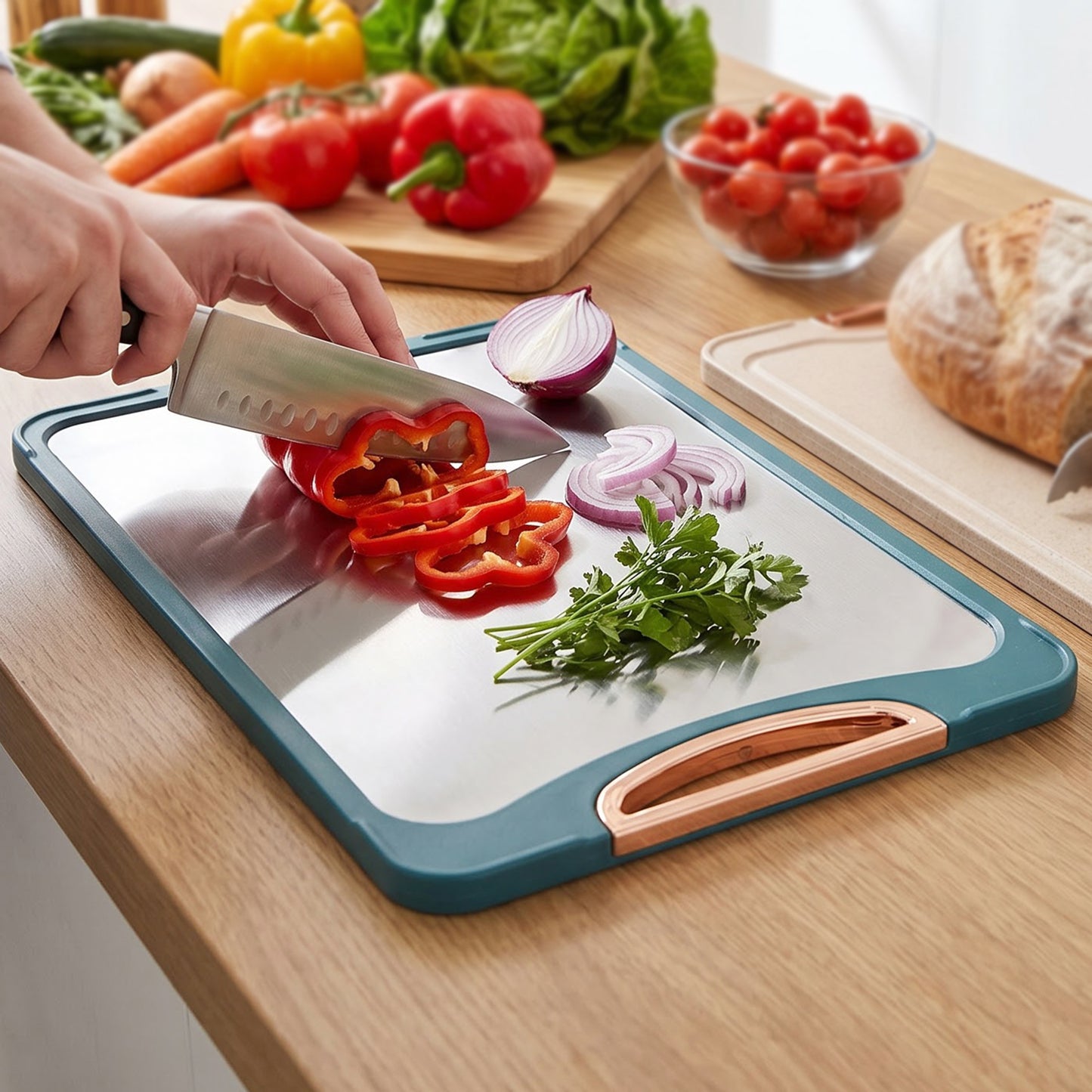 Chopping board handle and work surface