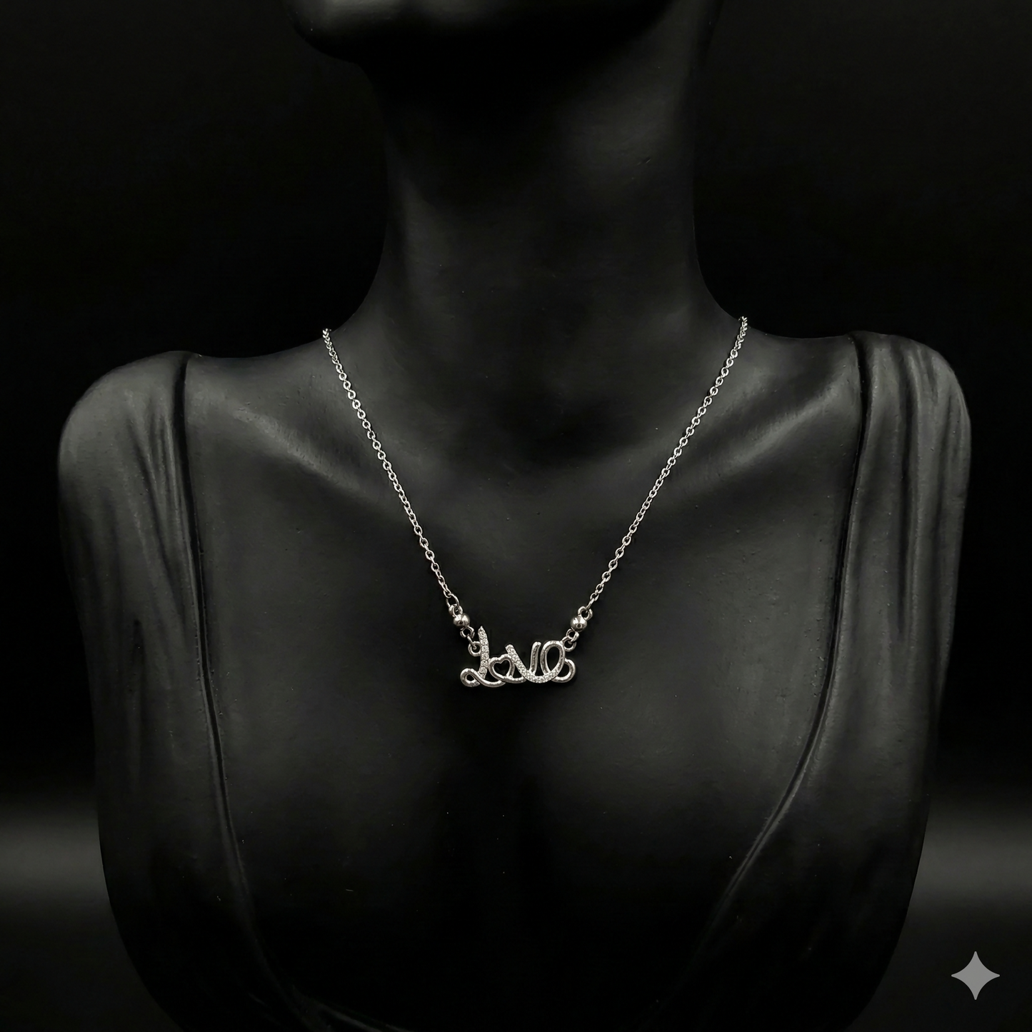 Stylish silver plated Love Script necklace styled with casual outfit