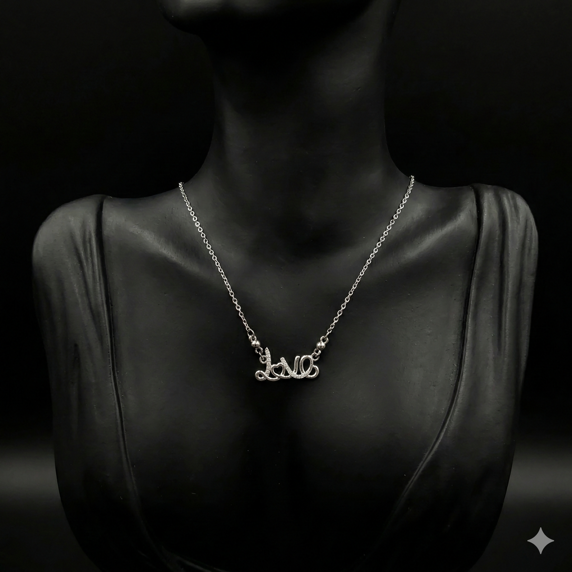 Stylish silver plated Love Script necklace styled with casual outfit