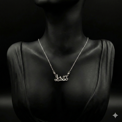 Stylish silver plated Love Script necklace styled with casual outfit