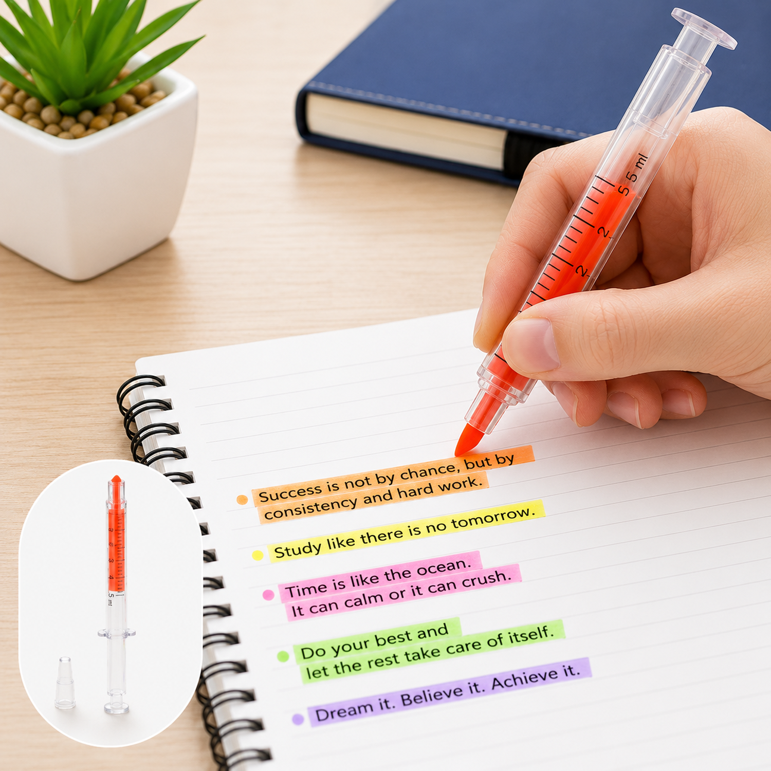 A hand highlights text in a notebook with an orange syringe highlighter, with a small inset of the pen.