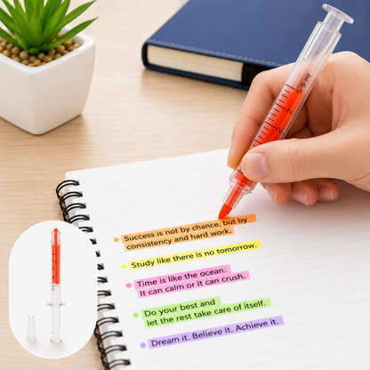 A hand highlights text in a notebook with an orange syringe highlighter, with a small inset of the pen.