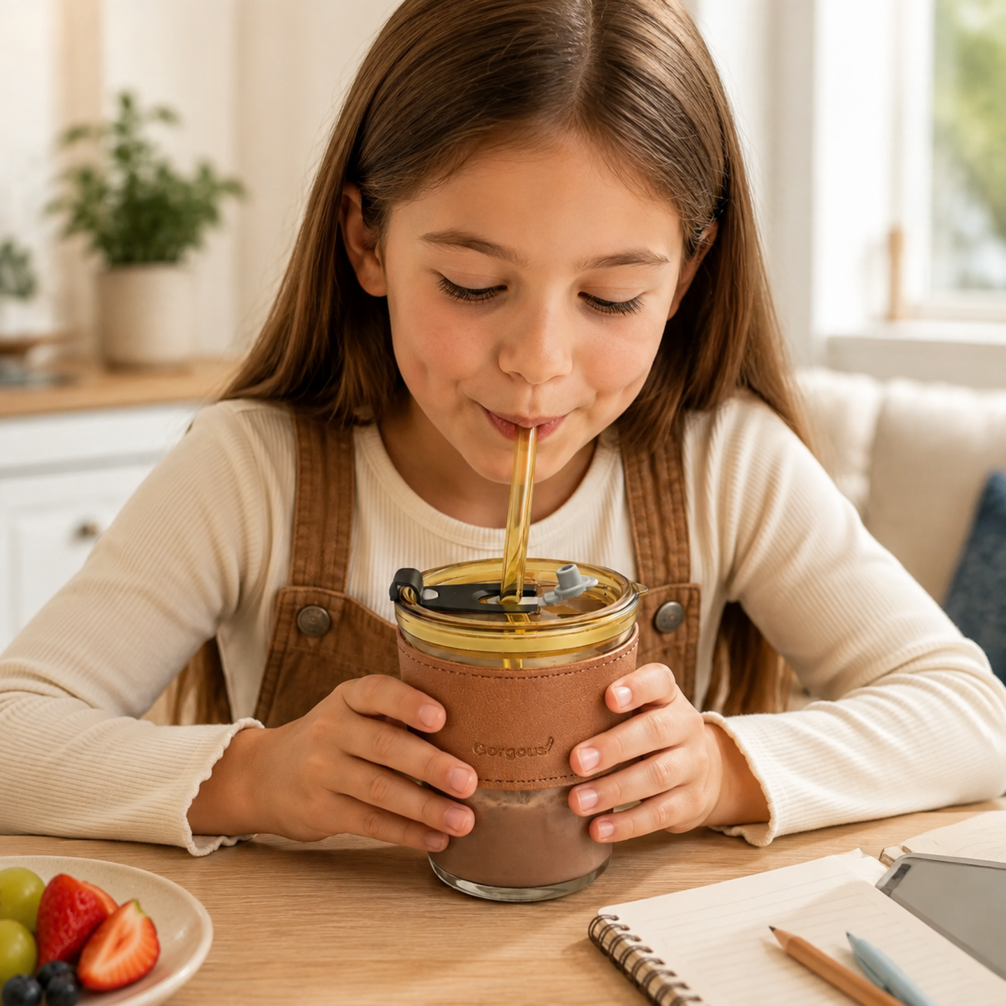 A young girl sips from an amber glass cup with a brown leather sleeve and a yellow straw, sitting at a wooden table with