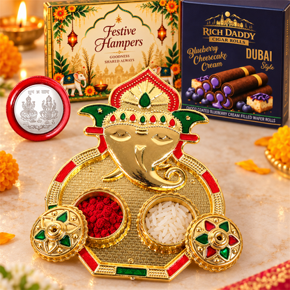 Ganesh Kumkum Dish & Blueberry Cheesecake Wafer Rolls Festive Gift Hamper
