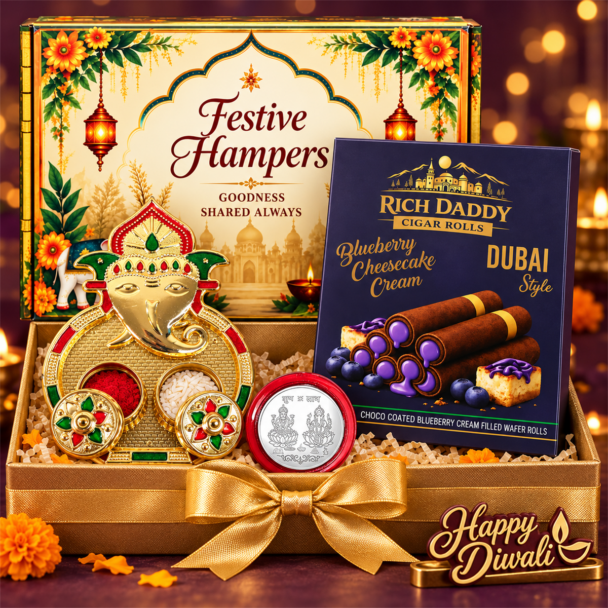 Ganesh Kumkum Dish & Blueberry Cheesecake Wafer Rolls Festive Gift Hamper