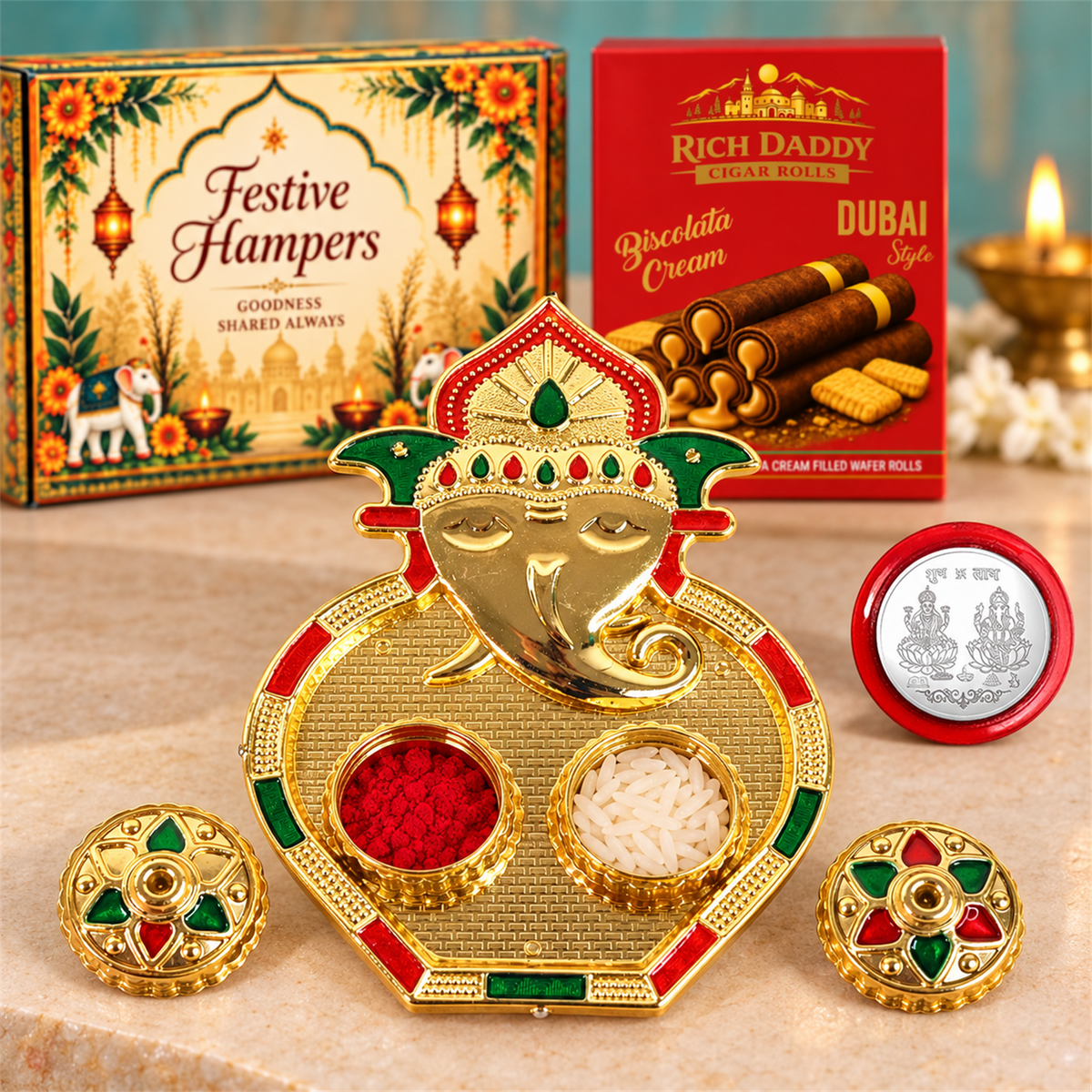 Ganesh Kumkum Dish & Biscolata Wafer Rolls Festive Gift Hamper