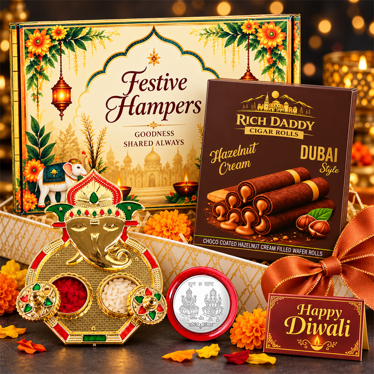 Ganesh Kumkum Dish & Hazelnut Wafer Rolls Festive Gift Hamper
