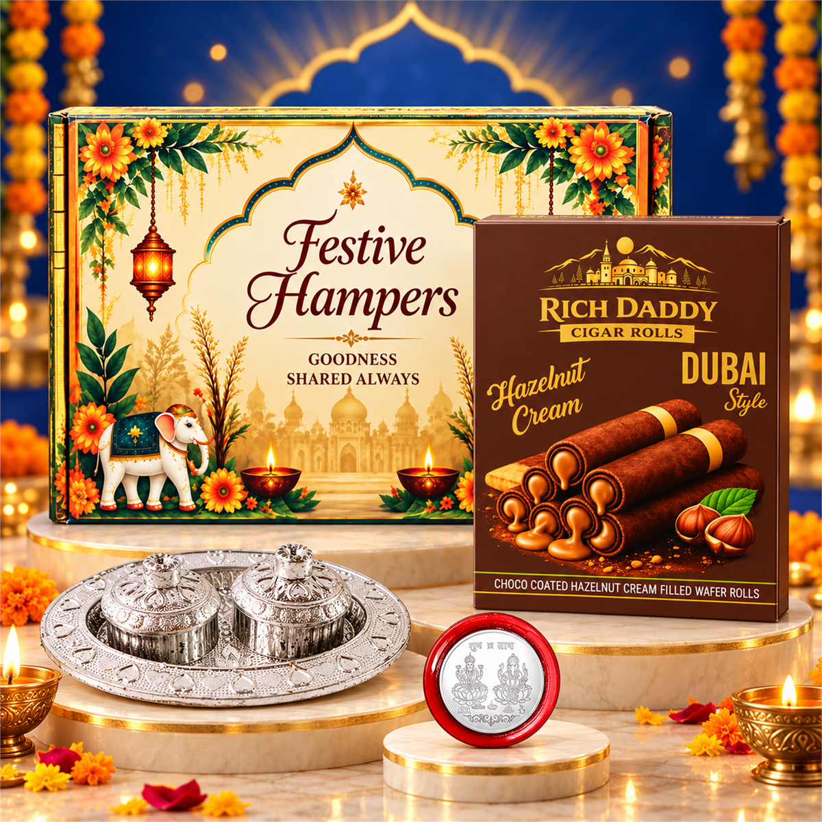 Oval Kumkum Dish & Hazelnut Wafer Rolls Festive Gift Hamper