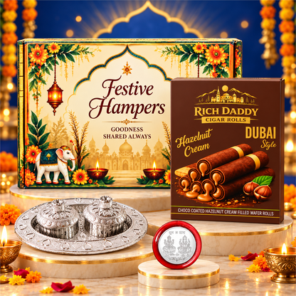 Oval Kumkum Dish & Hazelnut Wafer Rolls Festive Gift Hamper