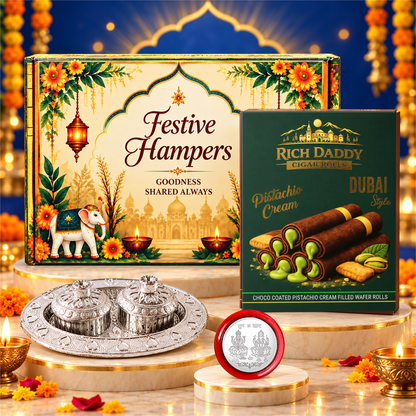 Oval Kumkum Dish & Pistachio Wafer Rolls Festive Gift Hamper