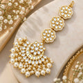 Gold-Plated Statement Kundan Maang Tikka with Pearl Clusters | Traditional Crescent Floral Hair Accessory for Women & Brides