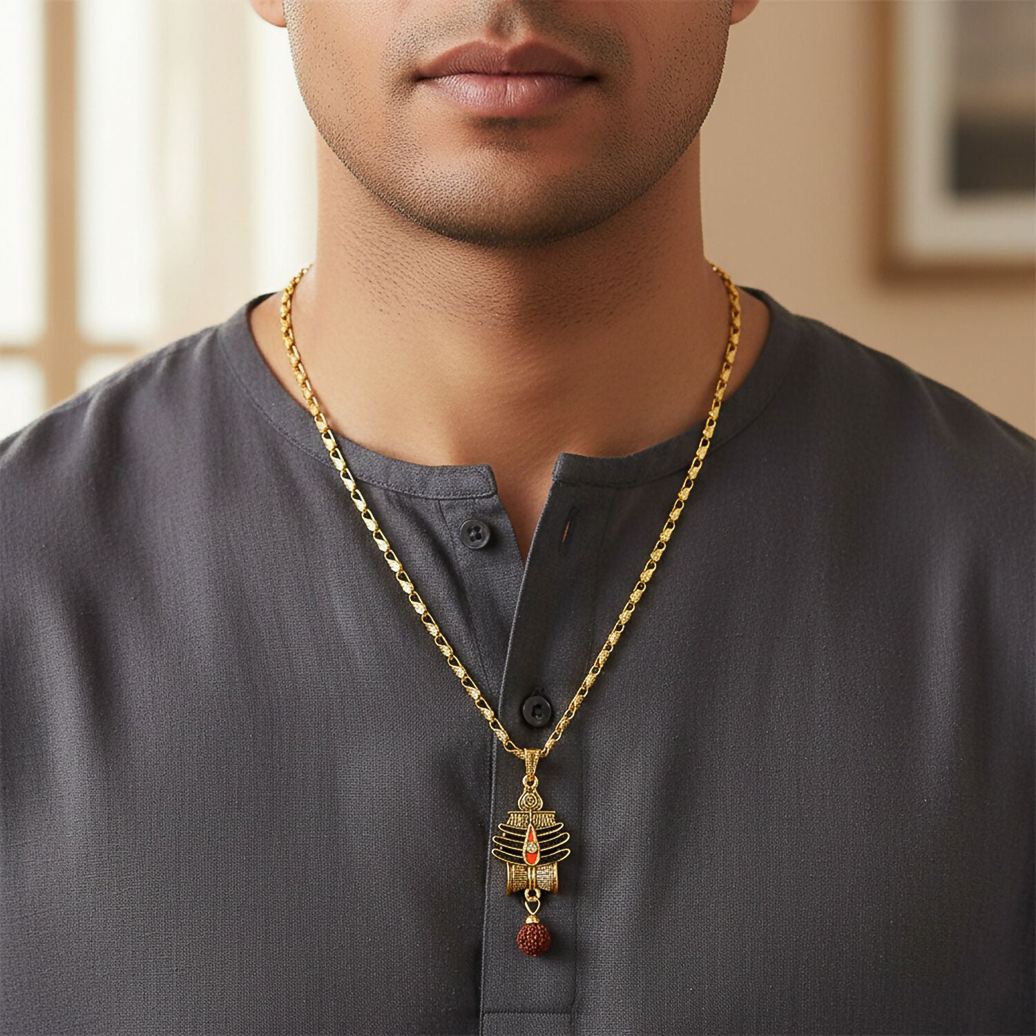 Mahakal Trishul Rudraksha Pendant Gold Chain Necklace