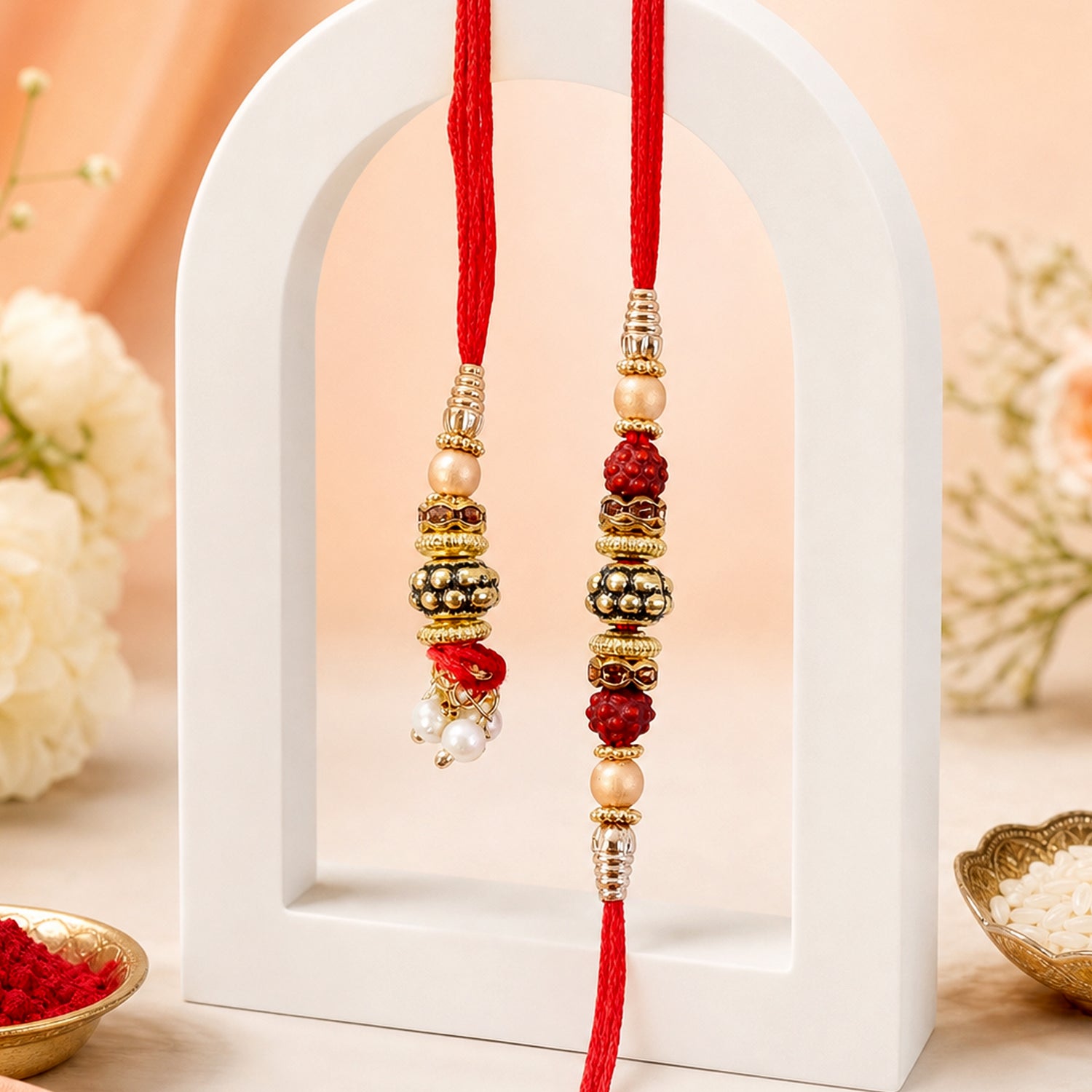 Pearl Drop Beaded Bhai Bhabhi Rakhi with Rudraksha Accents for Raksha Bandhan Gift