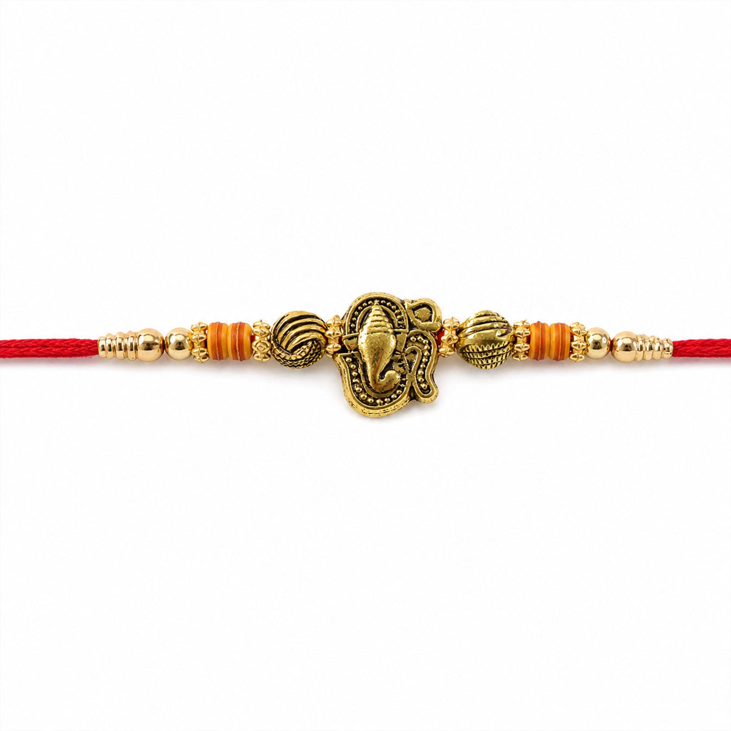 Red Thread Rakhi with Antique Gold Ganesha Pendant and Beaded Charms