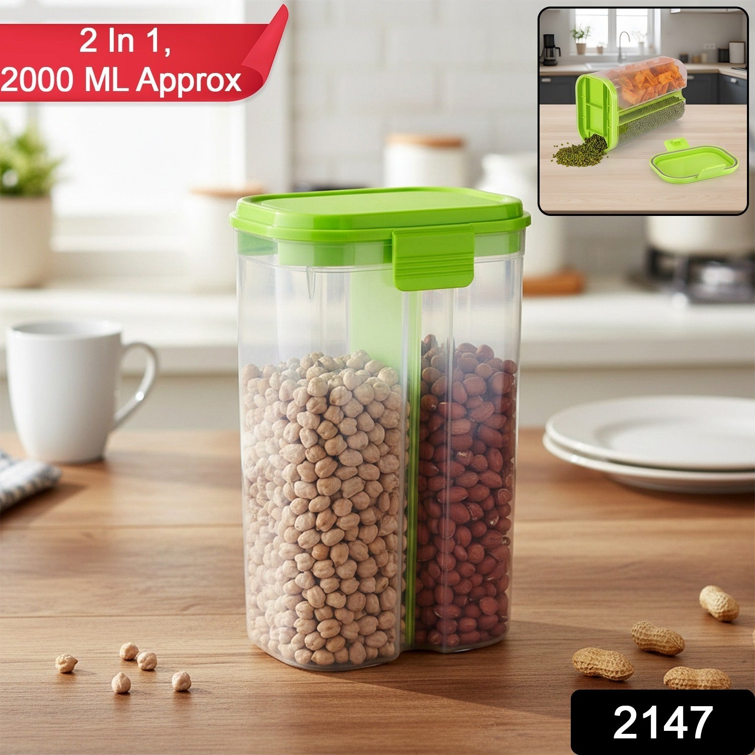 Plastic 2 Sections Air Tight Transparent Food Grain Cereal Storage Container (2 ltr)