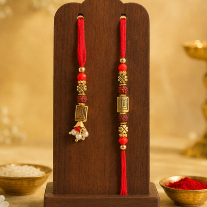 Geometric Spiral Rakhi Pair with Rudraksha Beads for Traditional Couple Gifting Set